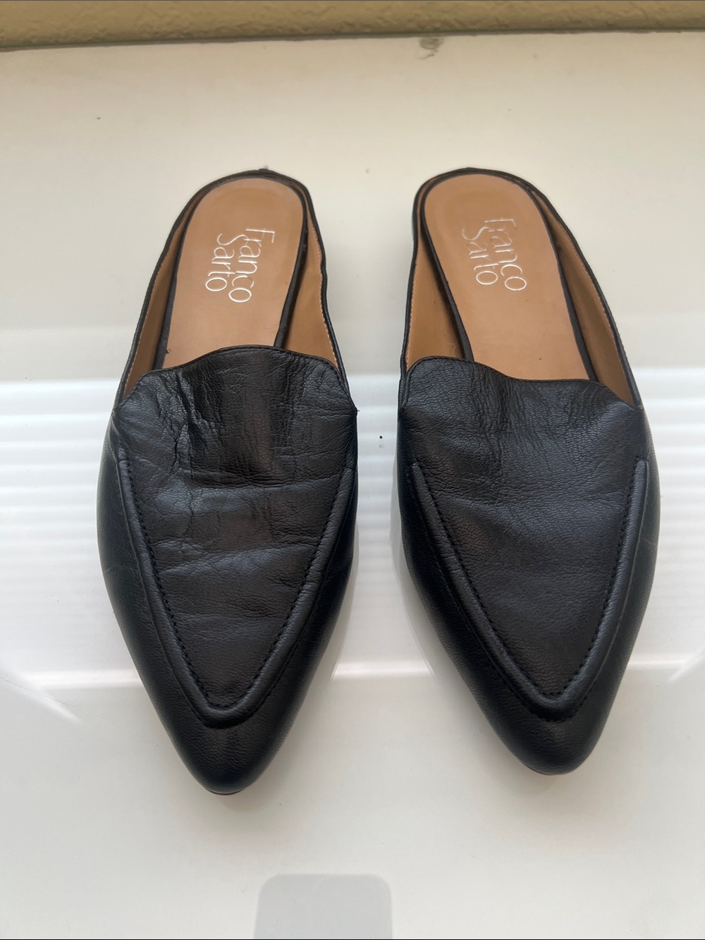 Franco Sarto Black Leather Pointed Slip-On Mules